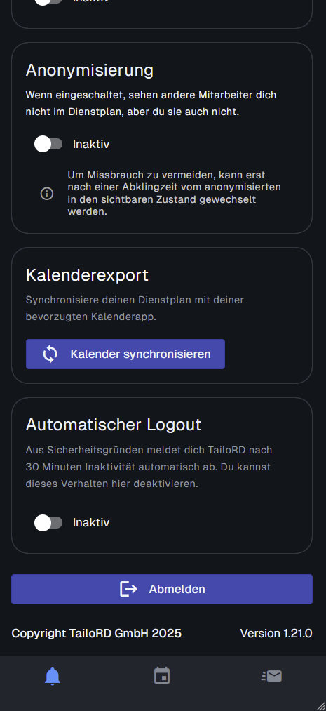 Einstellungen Export Mobile